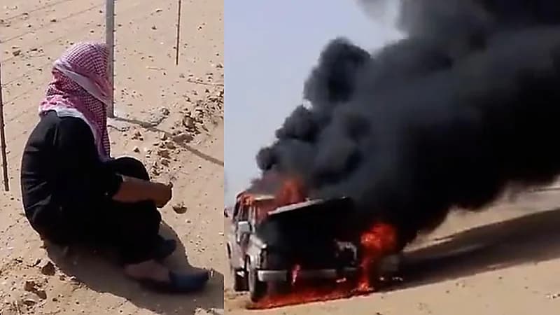 مشهد مؤثر لرجل يشاهد احتراق سيارته أمام عينيه بحسرة