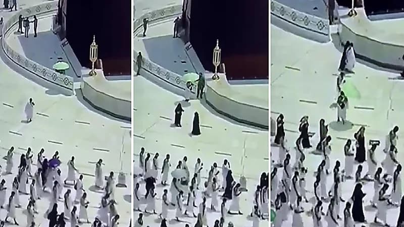 بالفيديو .. موقف نبيل لرجل أمن وهب مظلته لمعتمر أرهقته أشعة الشمس