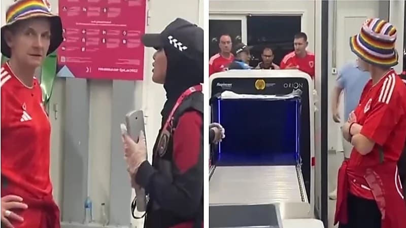 شاهد.. منع بعض مشجعي ويلز من دخول الملعب بسبب قبعة الشواذ
