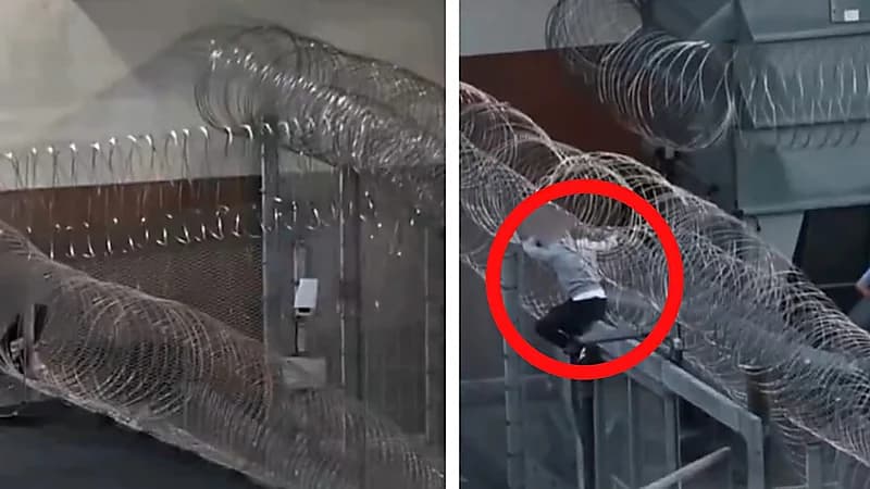 سجين علق بالأسلاك الشائكة أثناء محاولة هروب فاشلة .. فيديو